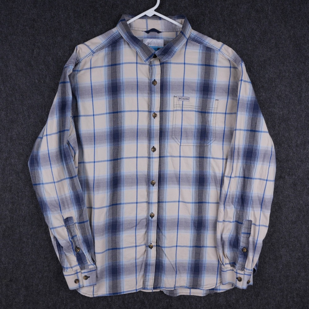 Columbia Plaid Button Down Shirt Mens XXL Blue Cream Excellent Long Sleeve